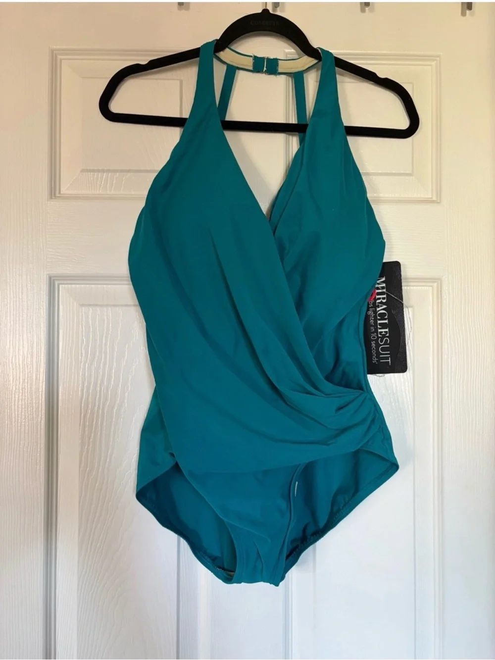MiracleSuit Wrapsbody one piece full coverage swimsuit in Maldives Blue. Sz. 14